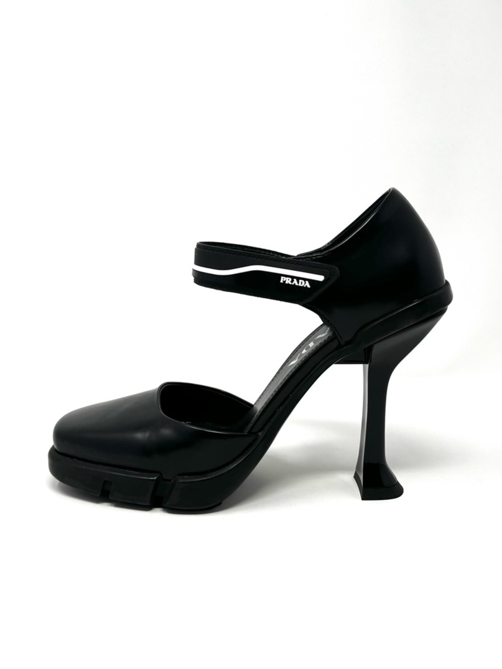Prada Mary Jane Chunky Platform Logo High Heels Pumps Black White Leather 37 7
